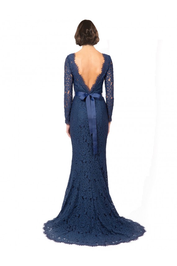 Blu marino scuro Stile sirena Collo Gioiello Sweep treno Pizzo Lunga Abiti da damigella donore